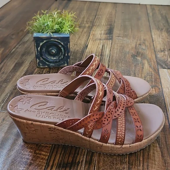 Cali‎ From Skechers Women's Tan Leather Braided Cork Wedge Heel Sandals. - Picture 5 of 12